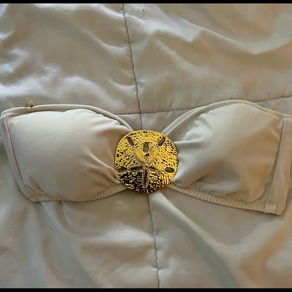 Victorias Secret White Bandeau Bathing Suit top Gold Sand dollar embellishment